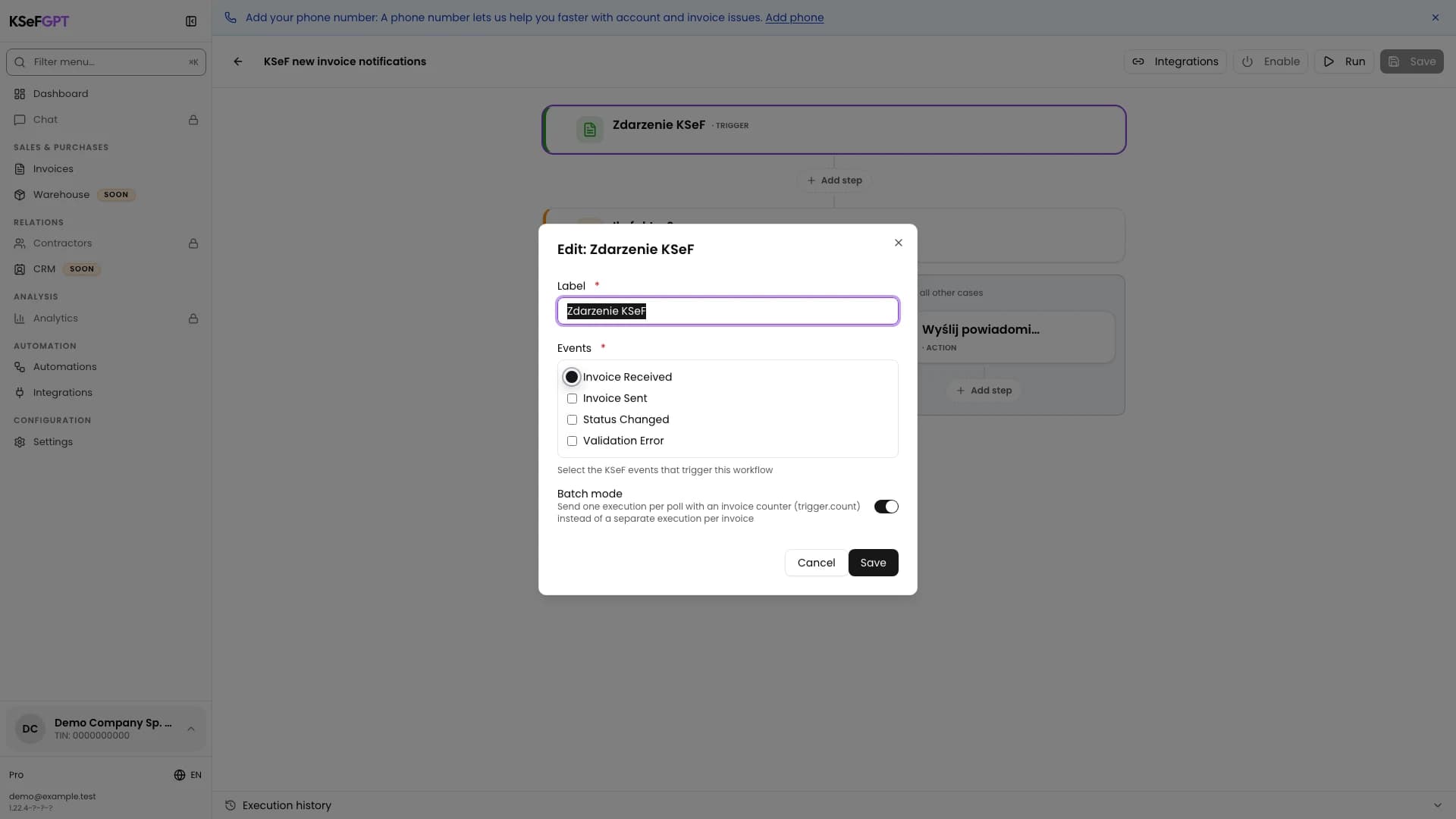 KSeF event window with Invoice Received selected and Batch mode enabled