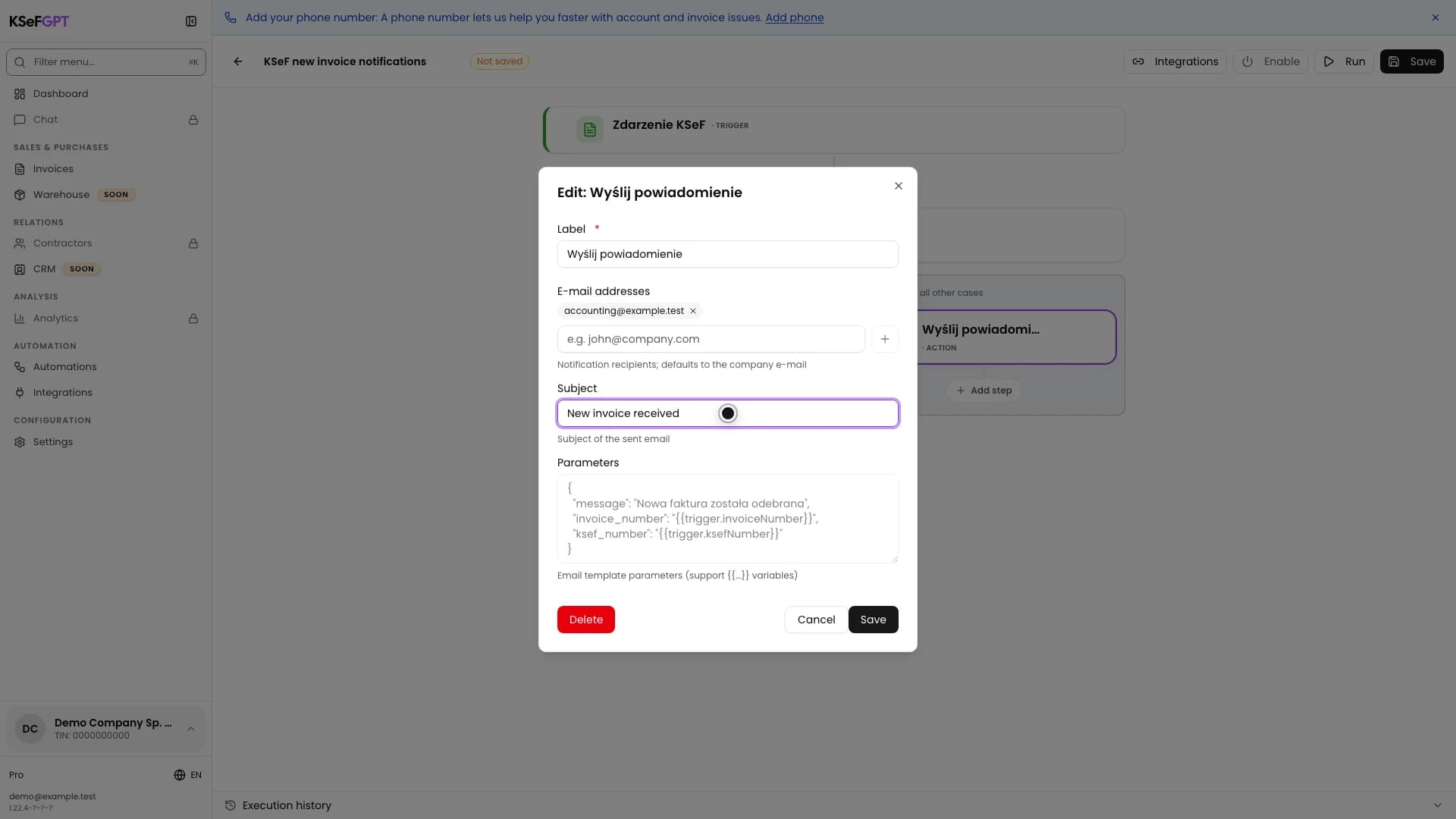 Single notification window with an e-mail address and the subject New invoice received