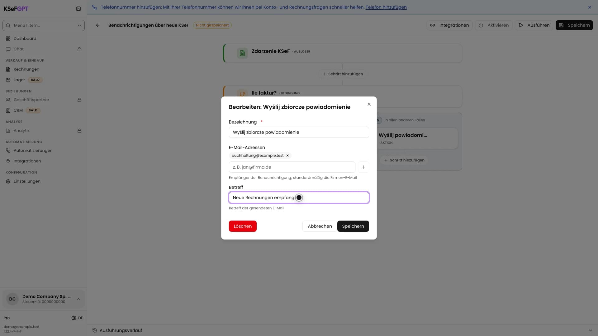 Sammelbenachrichtigung mit E-Mail-Adresse und Betreff Neue Rechnungen empfangen
