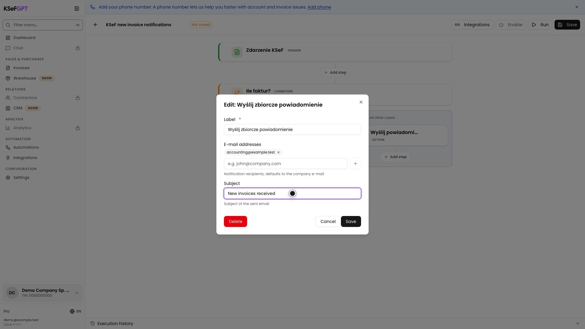 Batch notification window with an e-mail address and the subject New invoices received