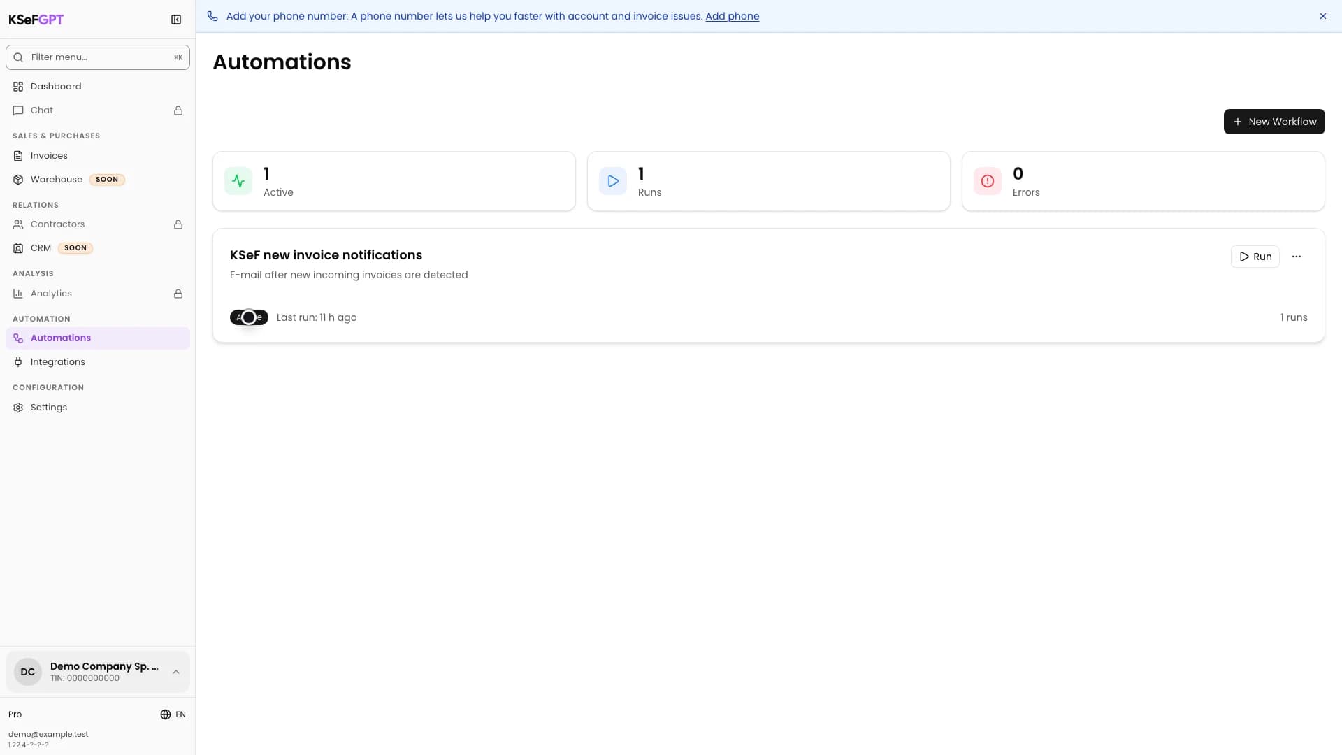 Automation list with an active KSeF new invoice notification workflow