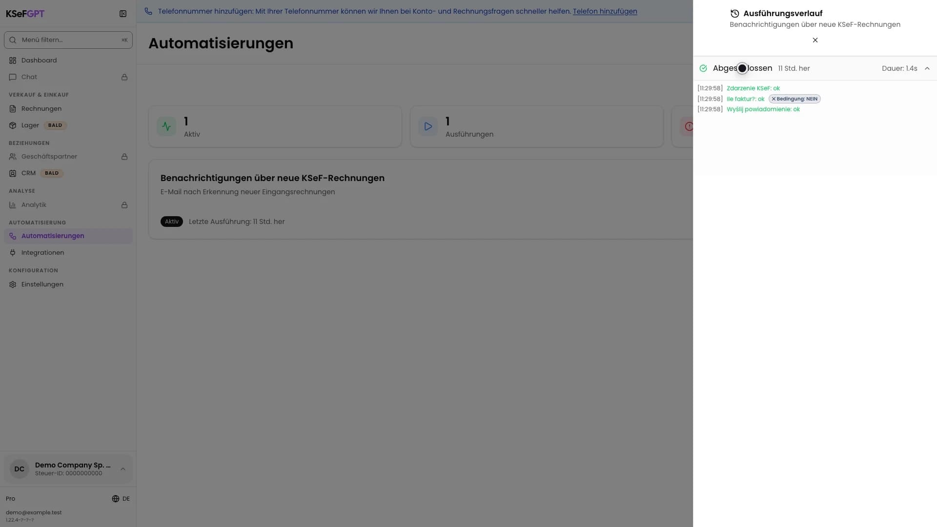 Ausführungsverlauf mit abgeschlossenem KSeF-Ereignis, NEIN-Zweig und erfolgreichem Einzelbenachrichtigungsschritt