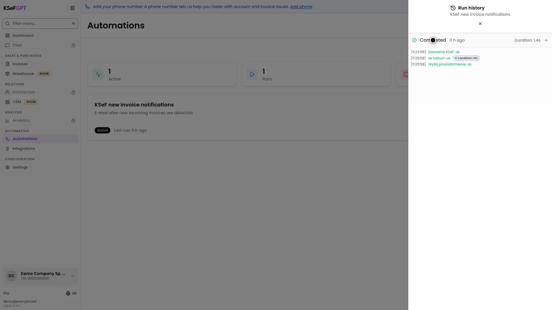 Run history with a completed KSeF event, the NO branch and a successful single notification step