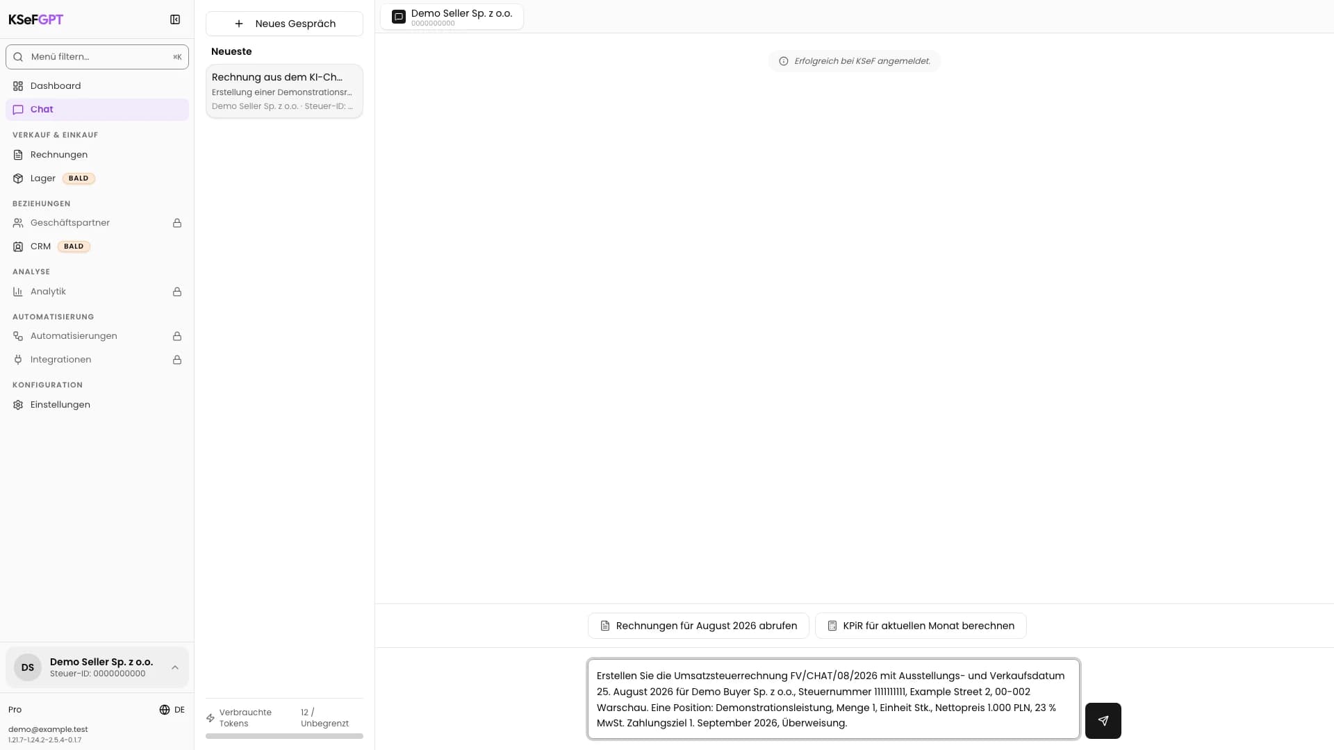 Aktives Gespräch im Chat mit einer vollständigen Beschreibung der Demonstrationsrechnung