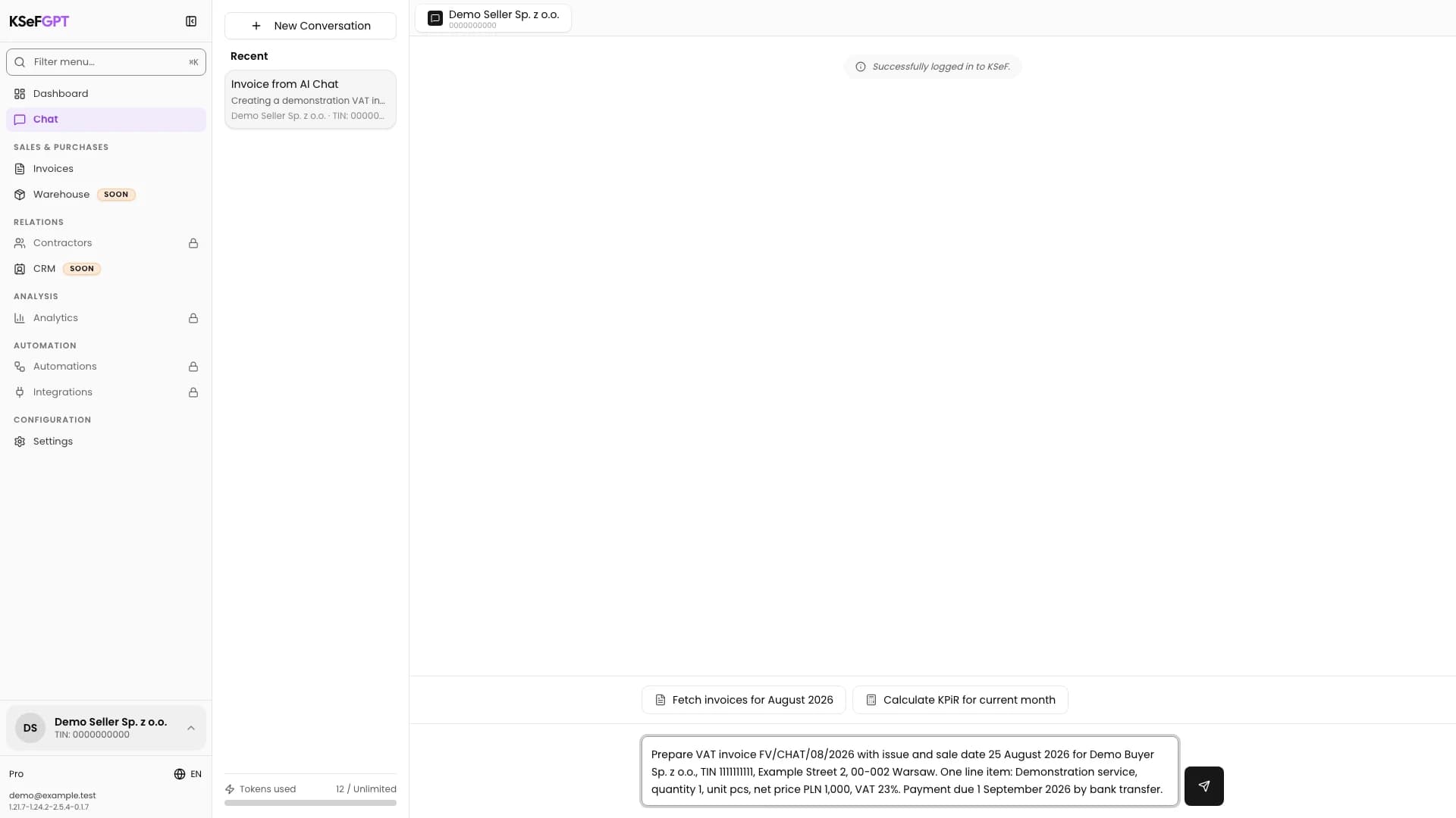 Active Chat conversation containing a complete description of a demonstration VAT invoice