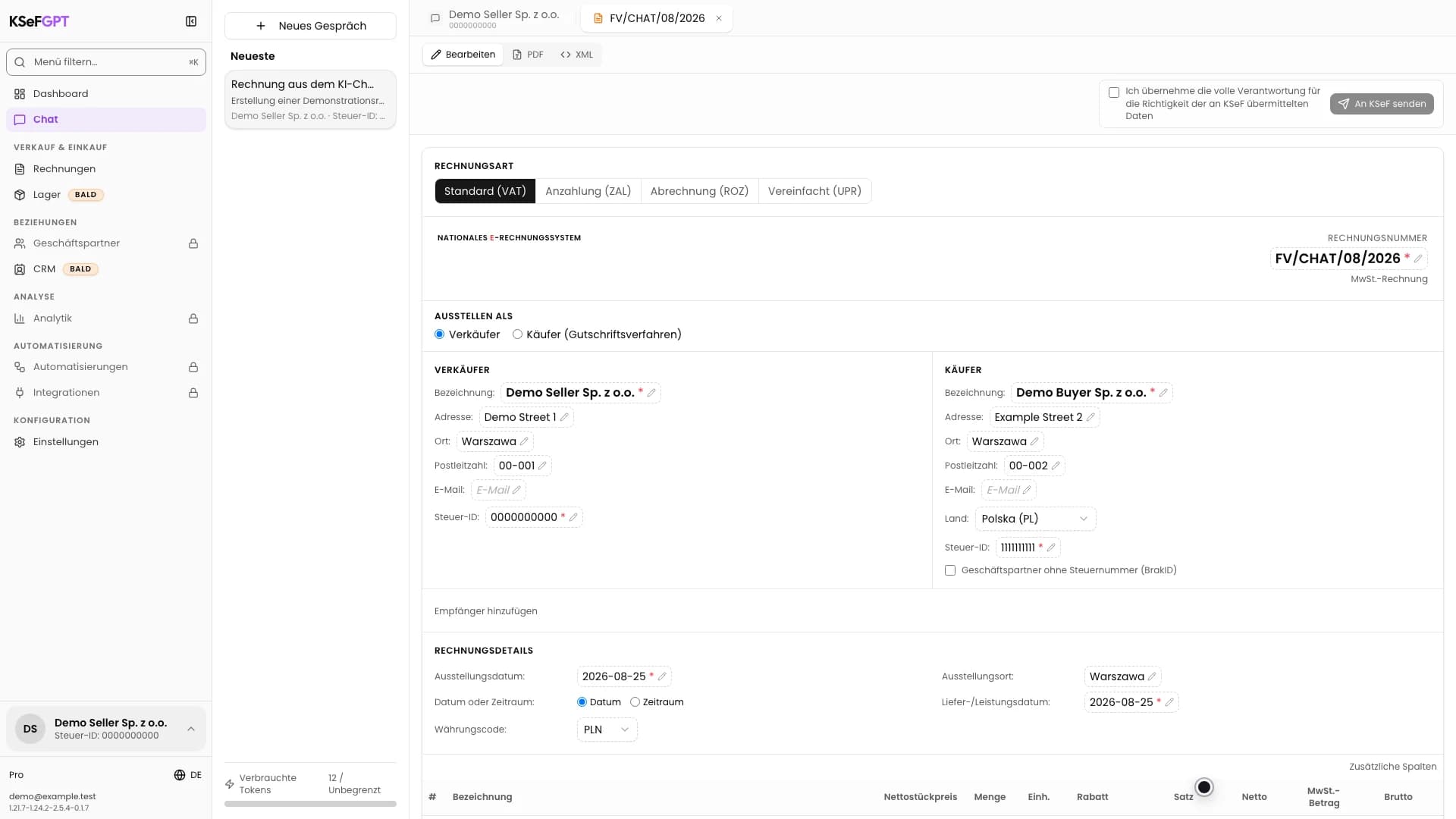 Bearbeitbare Vorschau einer im KI-Chat erstellten Rechnung mit Verkäufer, Käufer und Datumsangaben