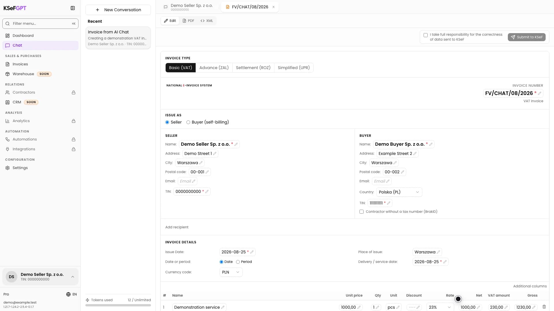 Editable preview of an AI Chat invoice showing seller, buyer, and date details