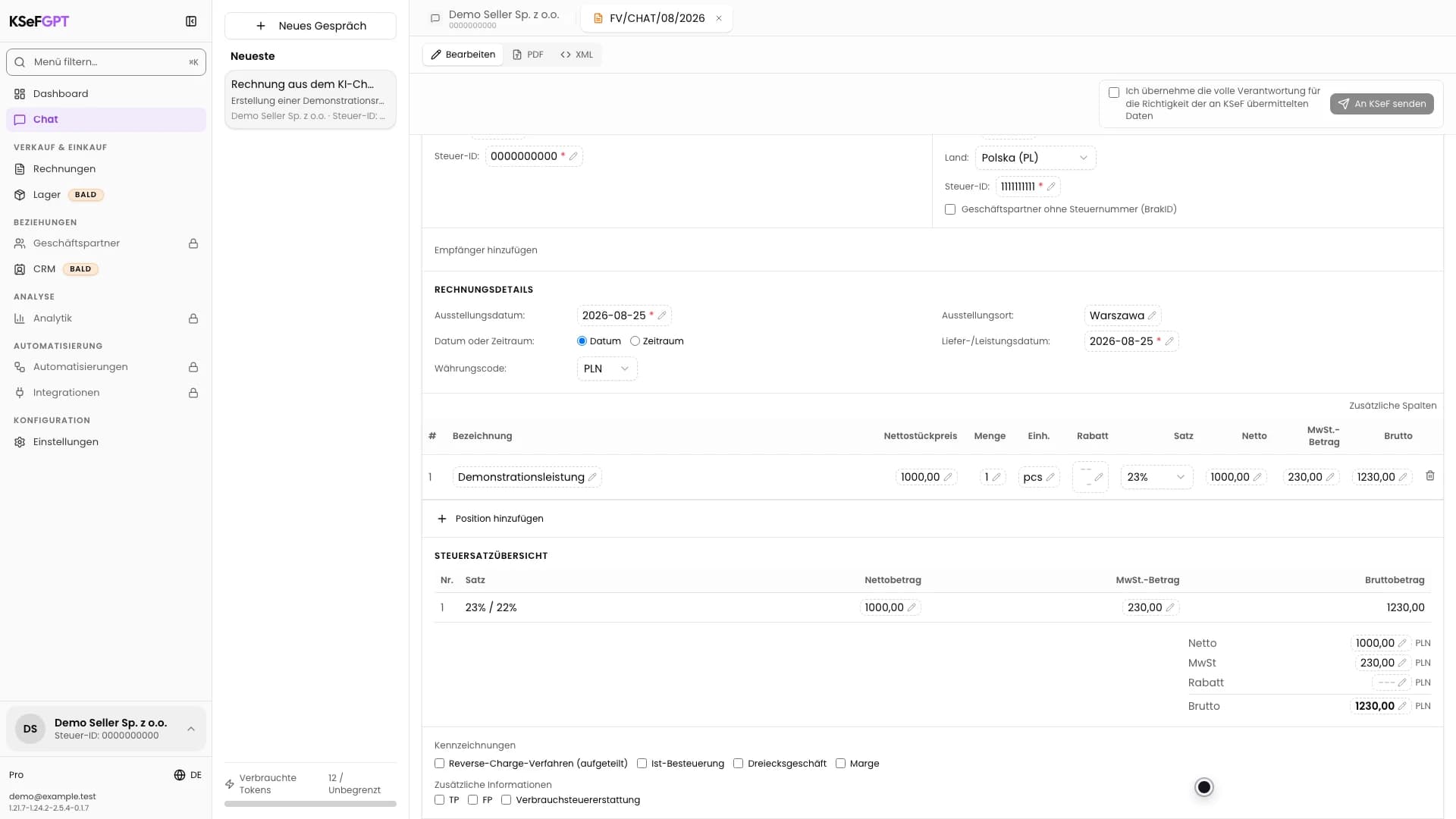 Position der Demonstrationsrechnung und Zusammenfassung von Netto, MwSt. und Brutto im KI-Chat