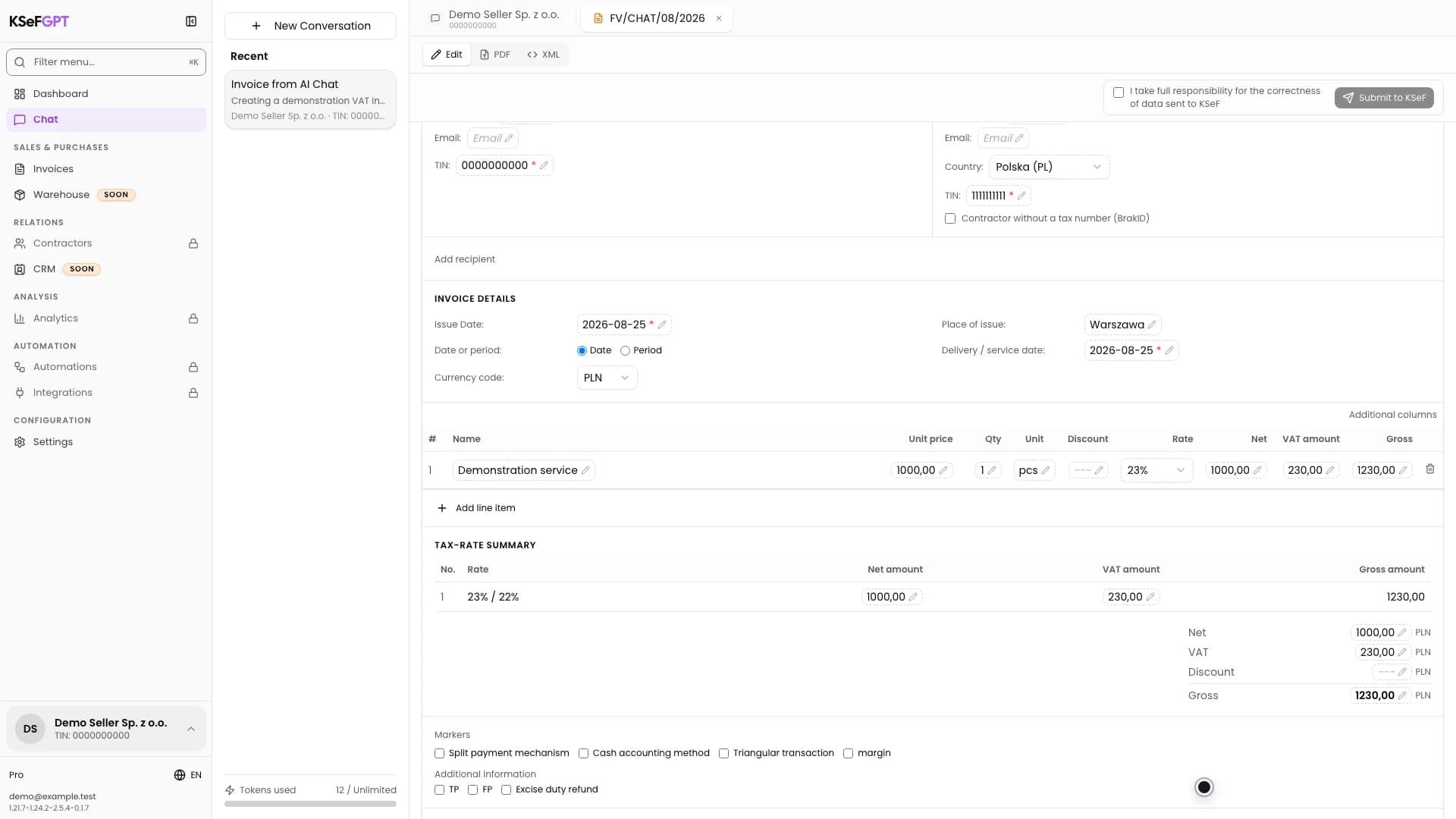 Demonstration invoice line item and net, VAT, and gross amount summary in AI Chat