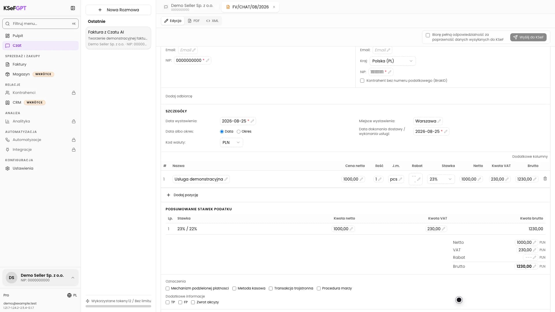 Pozycja demonstracyjnej faktury oraz podsumowanie kwot netto, VAT i brutto w podglądzie Czatu AI