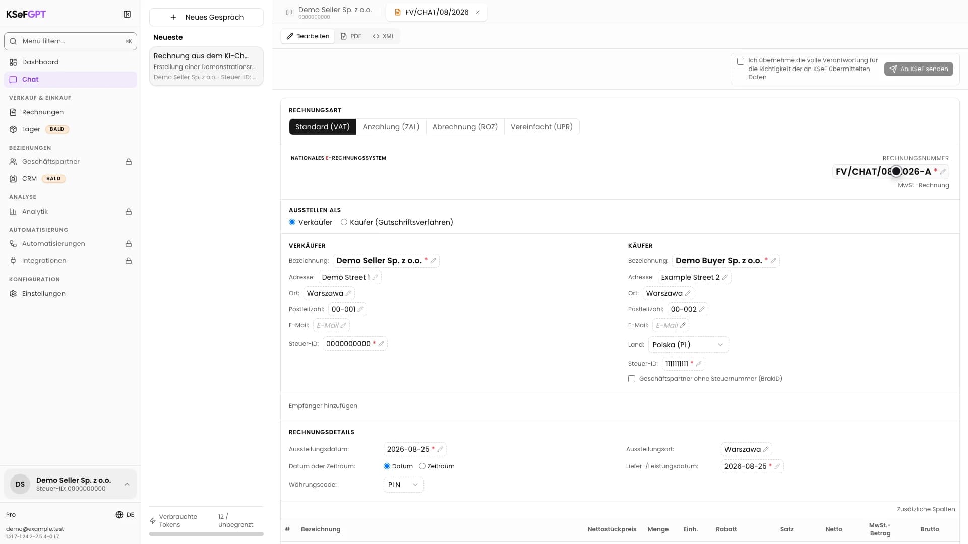 Rechnungsvorschau mit der korrigierten Nummer FV/CHAT/08/2026-A und bearbeitbaren Feldern