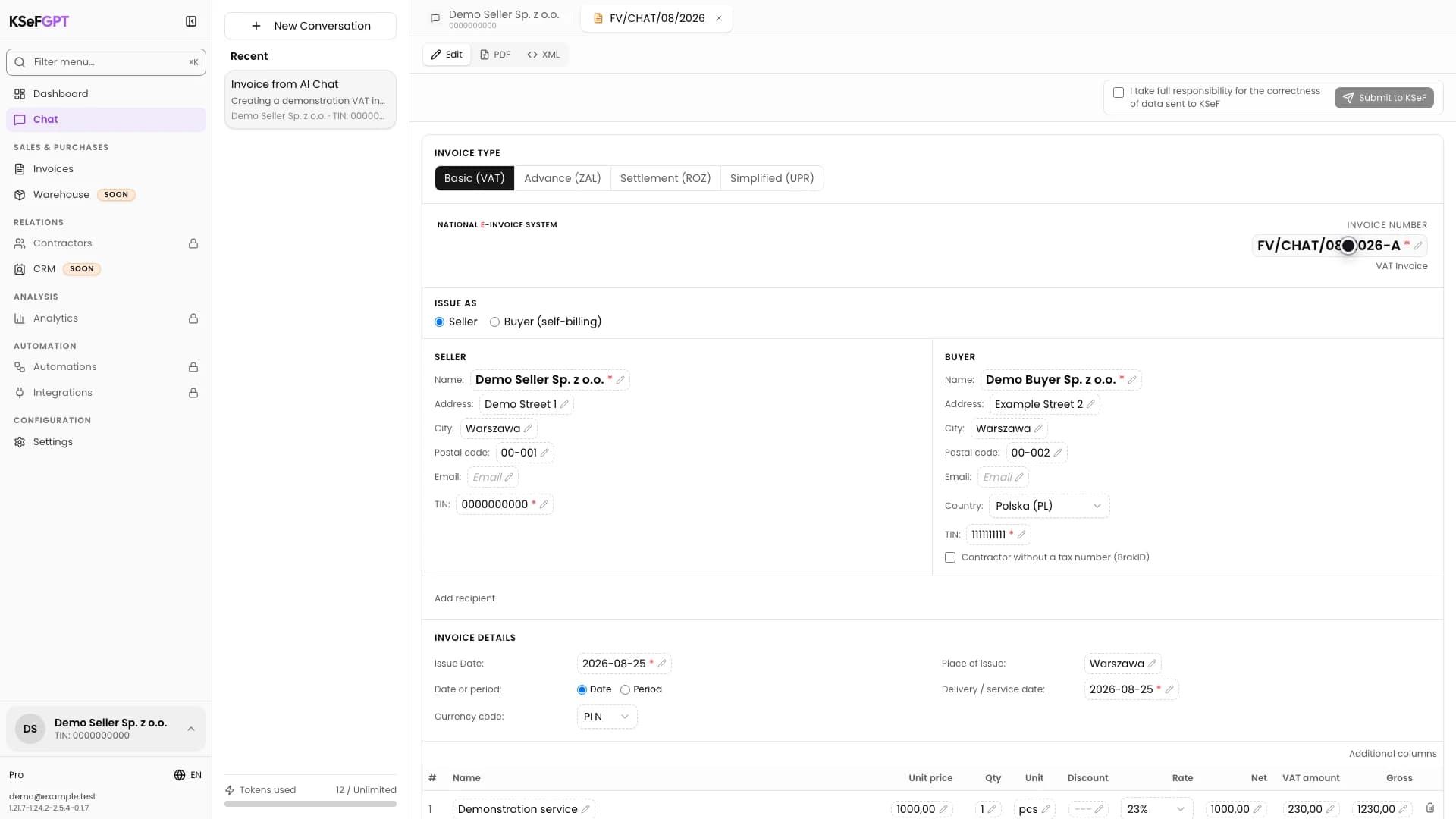 Invoice preview with the corrected number FV/CHAT/08/2026-A and editable fields