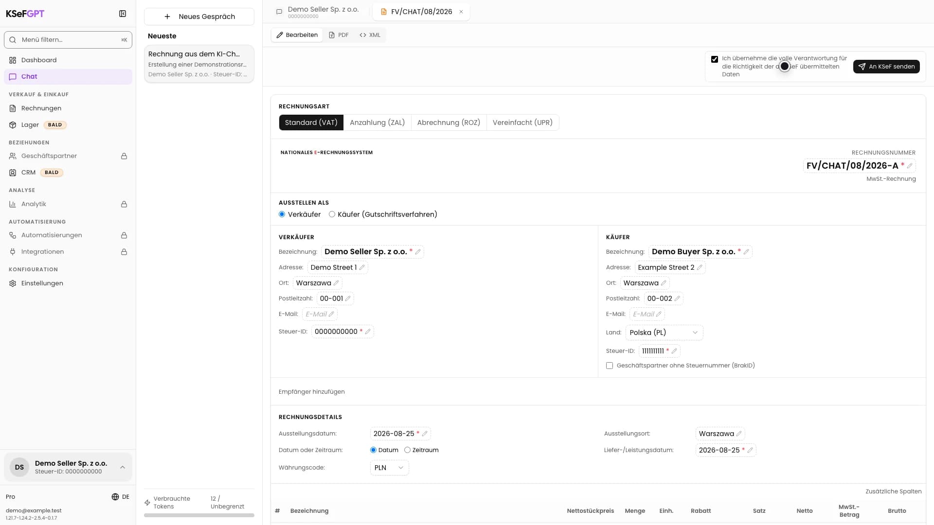 Aktivierte Verantwortungsbestätigung und verfügbare Schaltfläche An KSeF senden