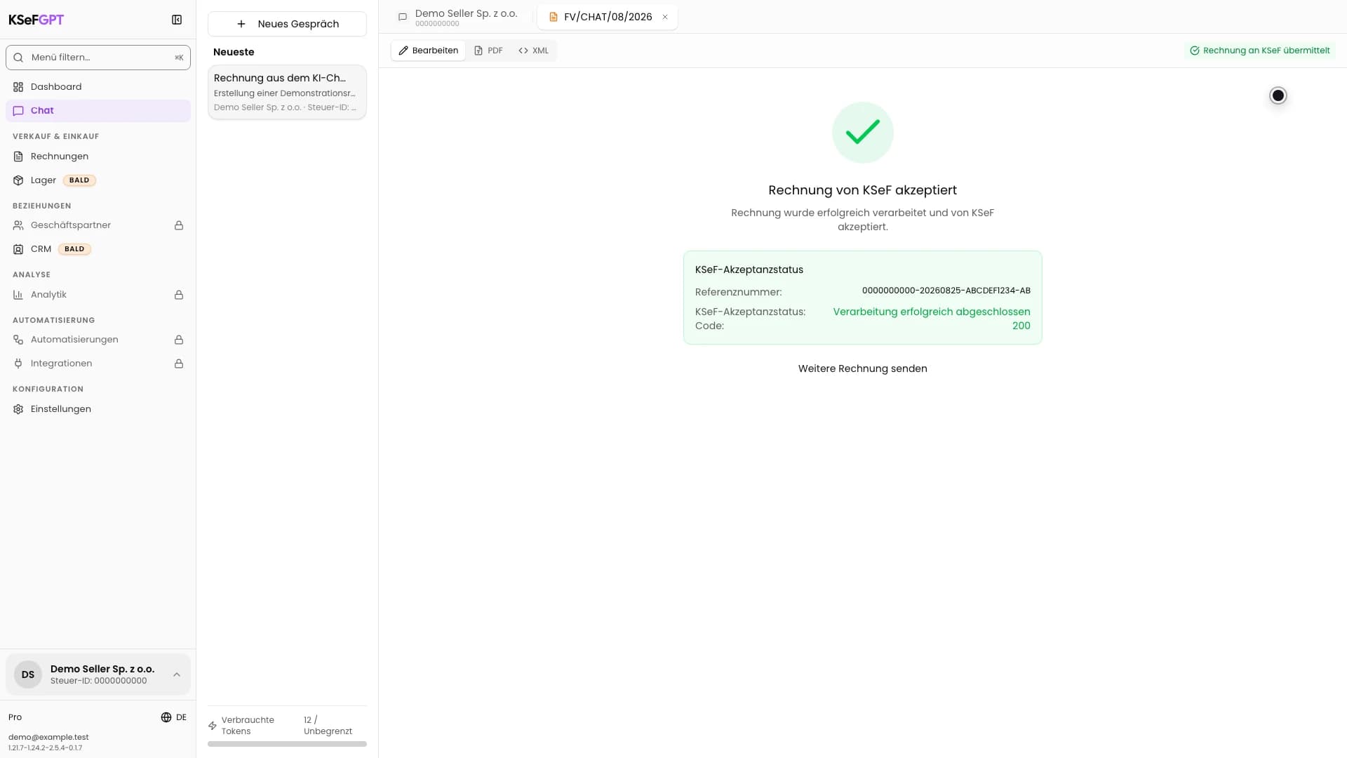 Endstatus Rechnung von KSeF akzeptiert mit Referenznummer und Code 200