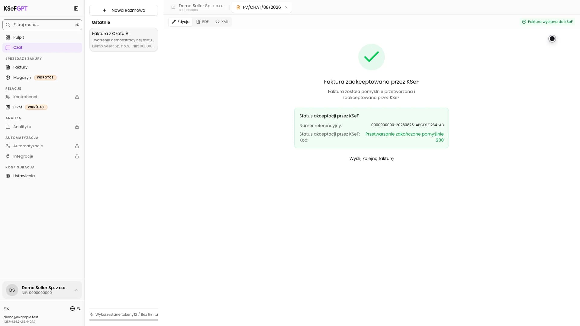 Końcowy status Faktura zaakceptowana przez KSeF z numerem referencyjnym i kodem 200