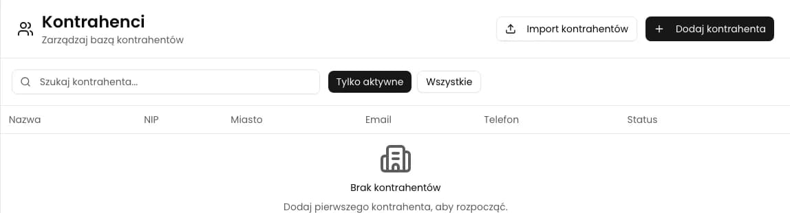 Moduł Kontrahenci w KSeFGPT z pustą listą i przyciskiem Dodaj kontrahenta