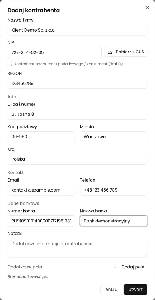 Formularz Dodaj kontrahenta w KSeFGPT z nazwą, NIP-em, REGON-em, adresem, kontaktem i danymi bankowymi