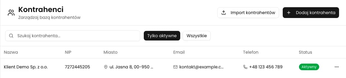 Lista Kontrahenci w KSeFGPT z nowo utworzoną aktywną kartą Klient Demo Sp. z o.o.