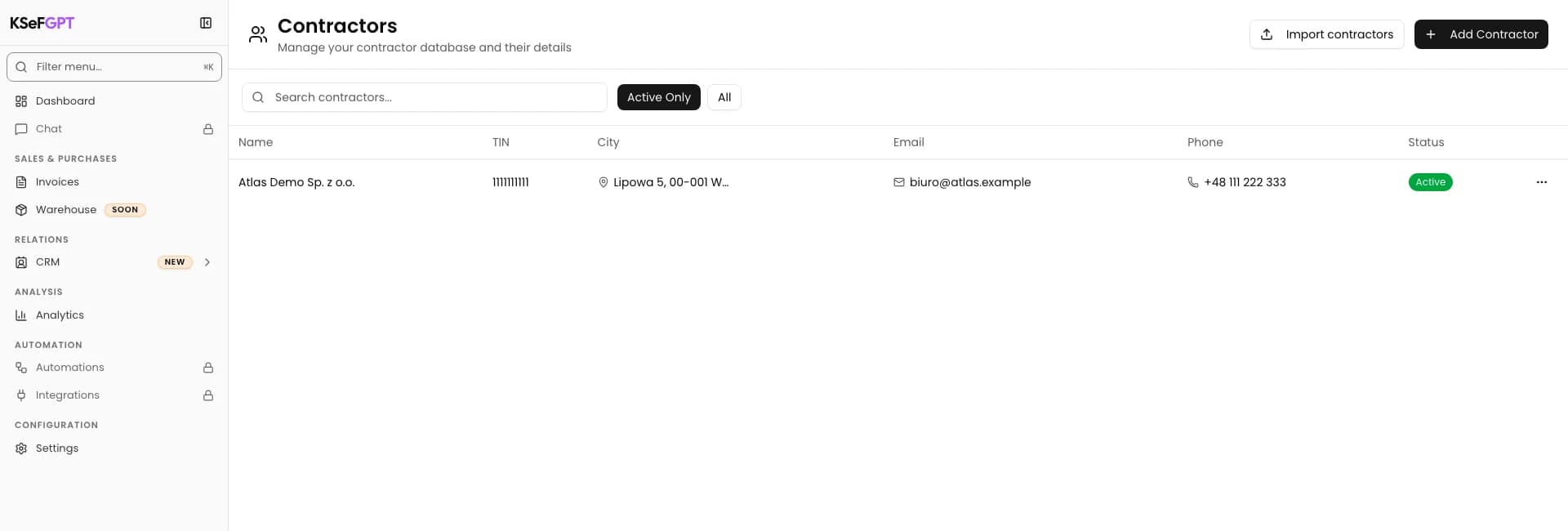 Find the record by name or tax ID and select its row. The older Edit Contractor dialog contains Custom fields. A separate profile with cooperation history is the CRM view; return to the direct address.