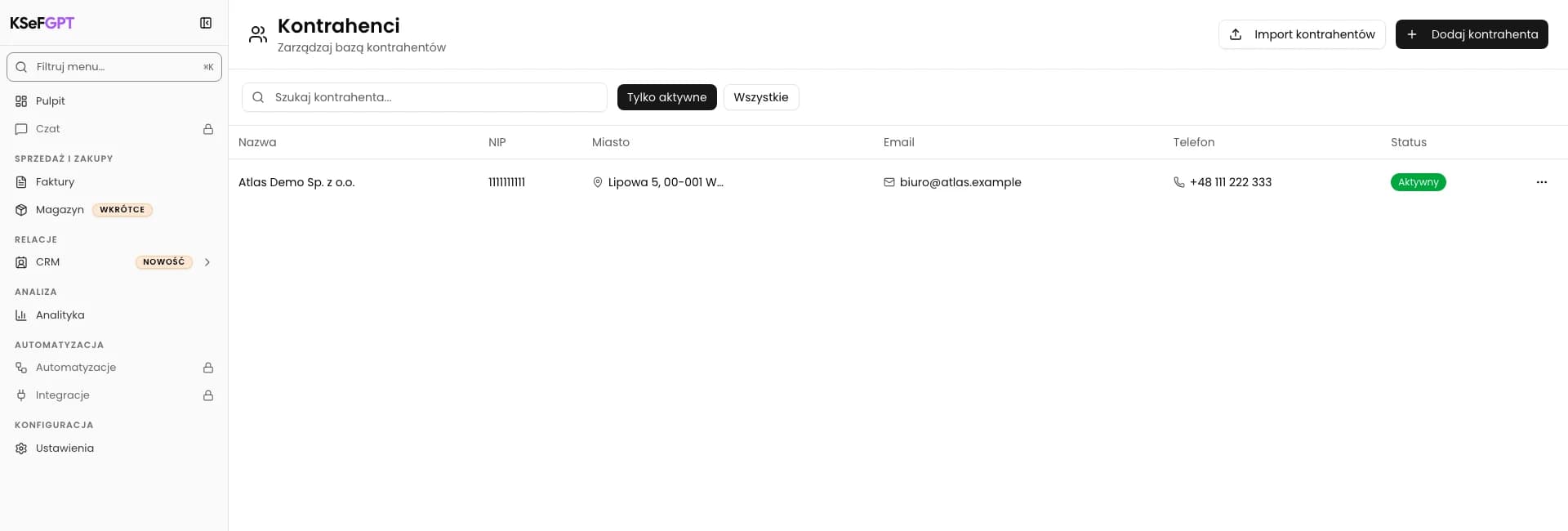 Starsza lista Kontrahenci otwarta bezpośrednio, z menu CRM po lewej