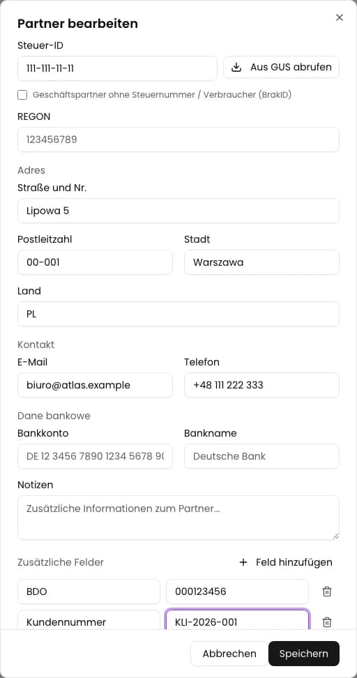 Partnerformular in KSeFGPT mit den zusätzlichen Feldern BDO und Kundennummer