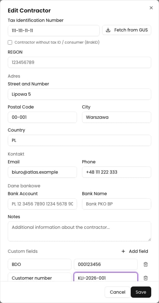 Contractor form in KSeFGPT with BDO and Customer number custom fields