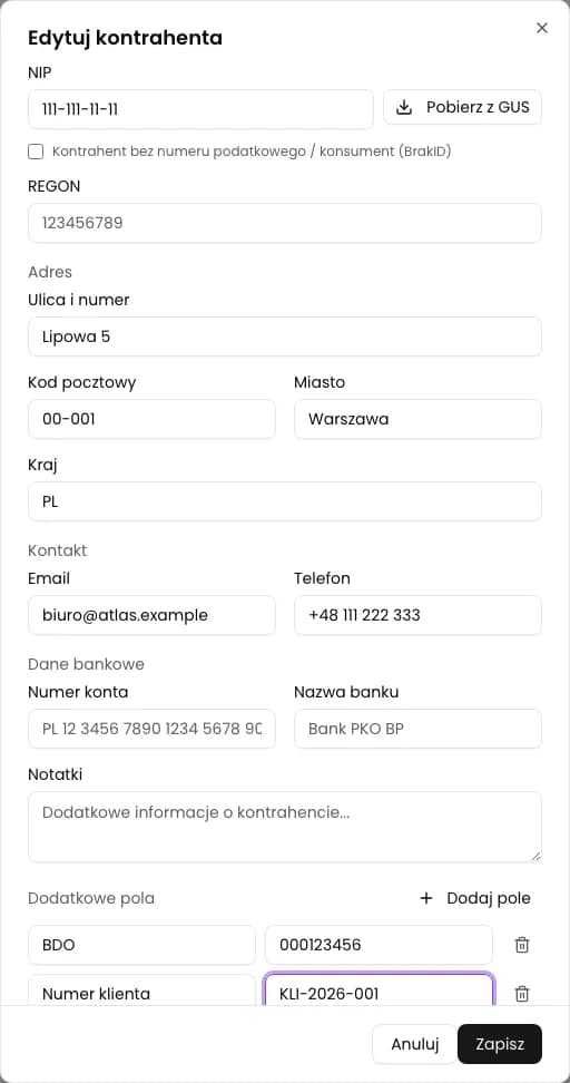 Formularz kontrahenta w KSeFGPT z polami dodatkowymi BDO i Numer klienta