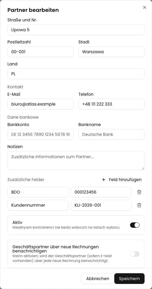 Erneut geöffnete Partnerkarte mit gespeicherter BDO-Nummer und Kundennummer