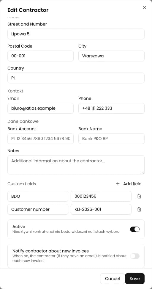 Reopened contractor record with the saved BDO number and customer number
