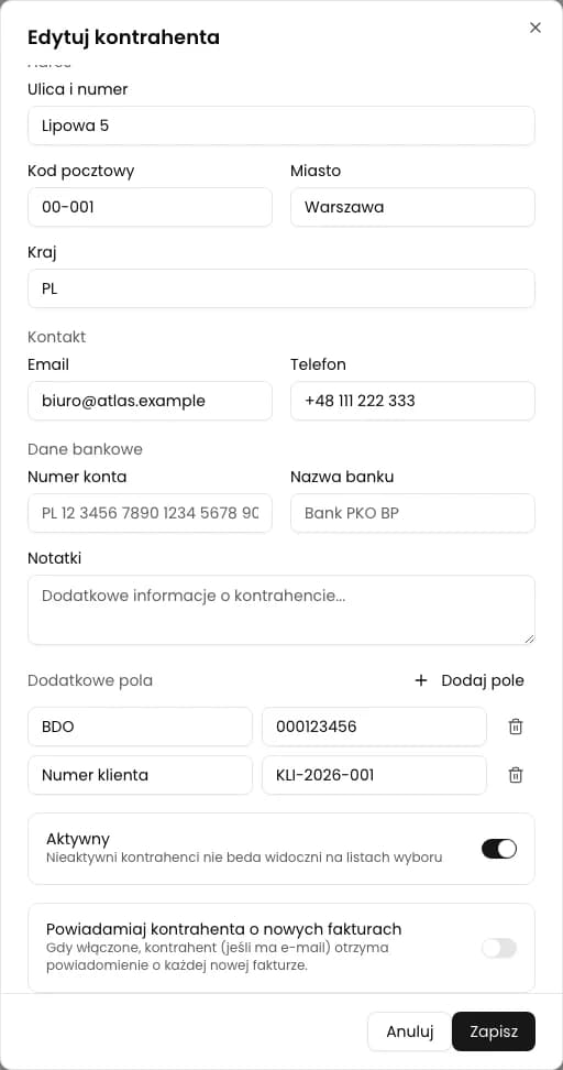Ponownie otwarta karta kontrahenta z zapisanym numerem BDO i numerem klienta