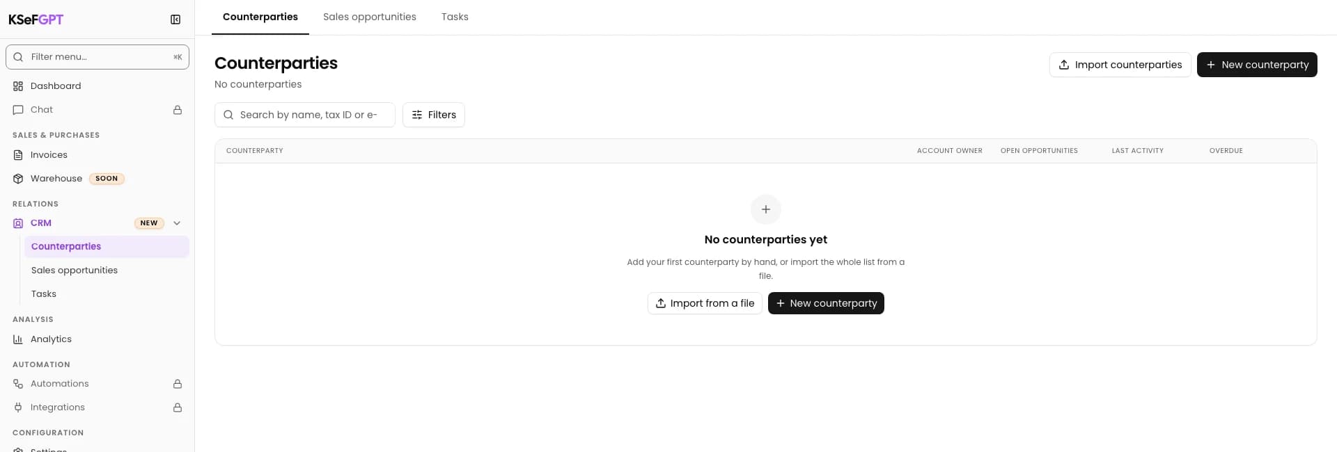 Open CRM > Counterparties and select Import counterparties.