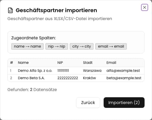 Prüfen Sie Spaltenzuordnung und Datenvorschau.