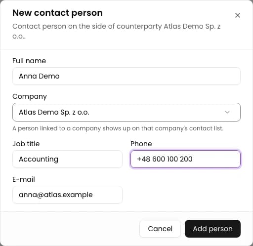 Enter the person’s details: Add a contact person in CRM