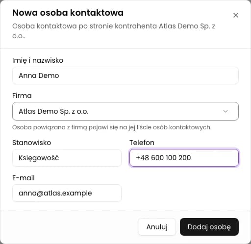 Uzupełnij dane osoby: Dodaj osobę kontaktową w CRM