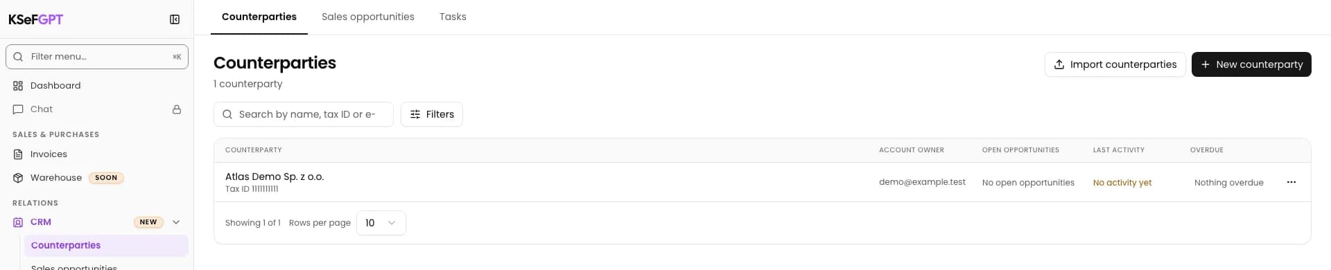 CRM counterparty list showing Atlas Demo Sp. z o.o.