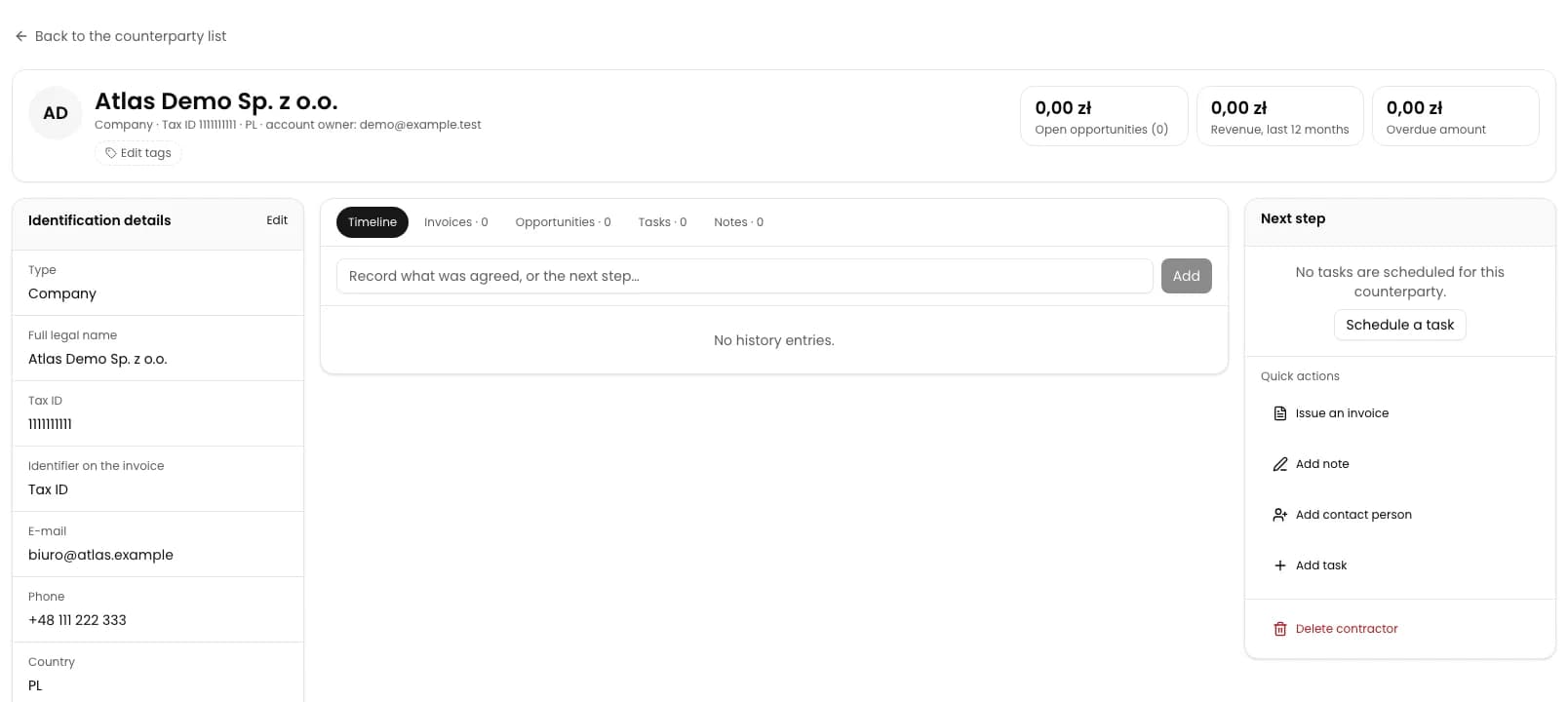 Counterparty record with Issue an invoice under Quick actions