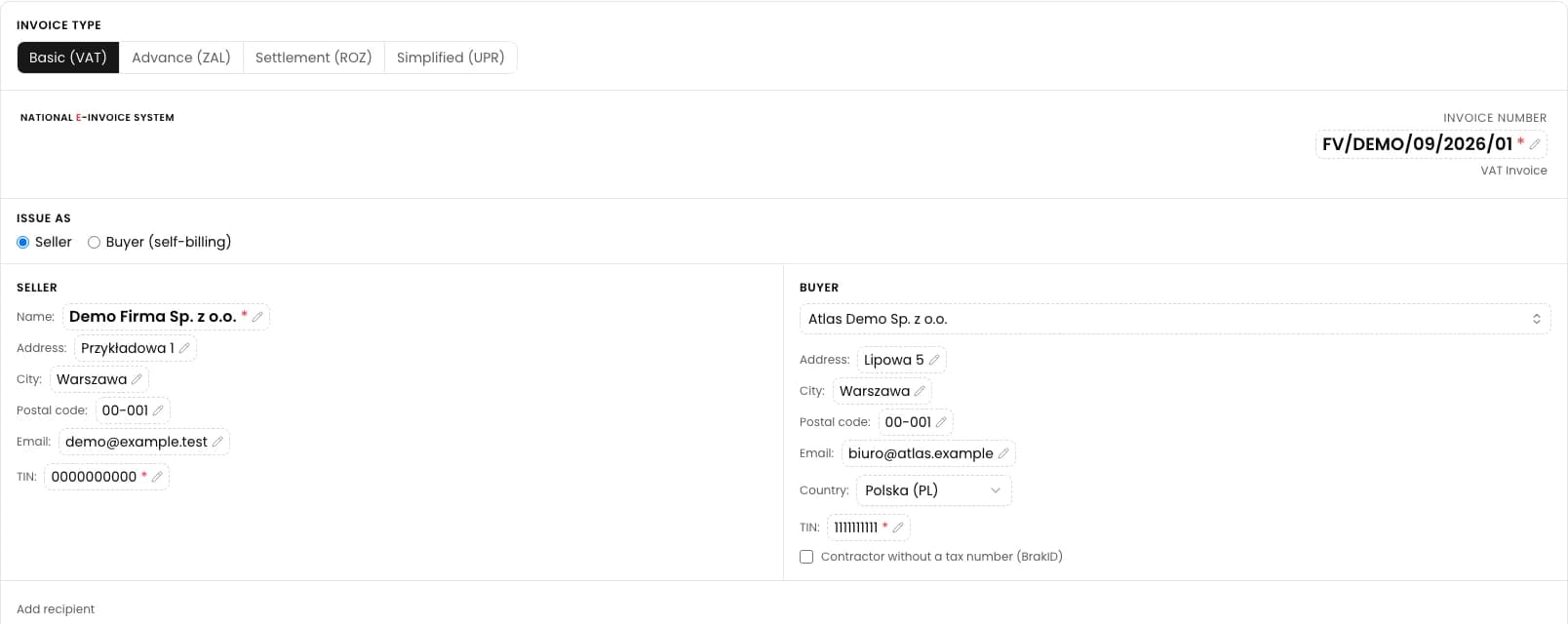 Invoice number and seller and buyer details in the form