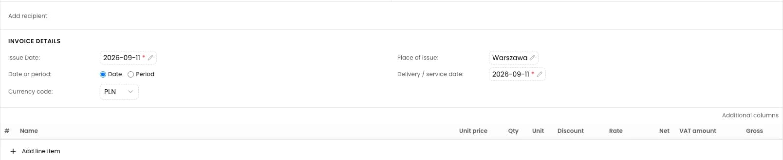 Issue and service dates with PLN as the currency
