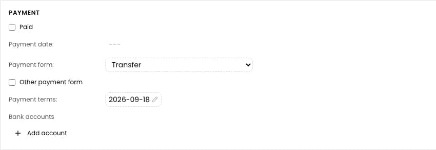 Transfer as the payment form and September 18, 2026 as the due date