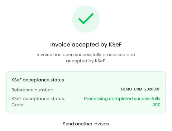 Invoice accepted by KSeF, status code 200 and the submission reference number