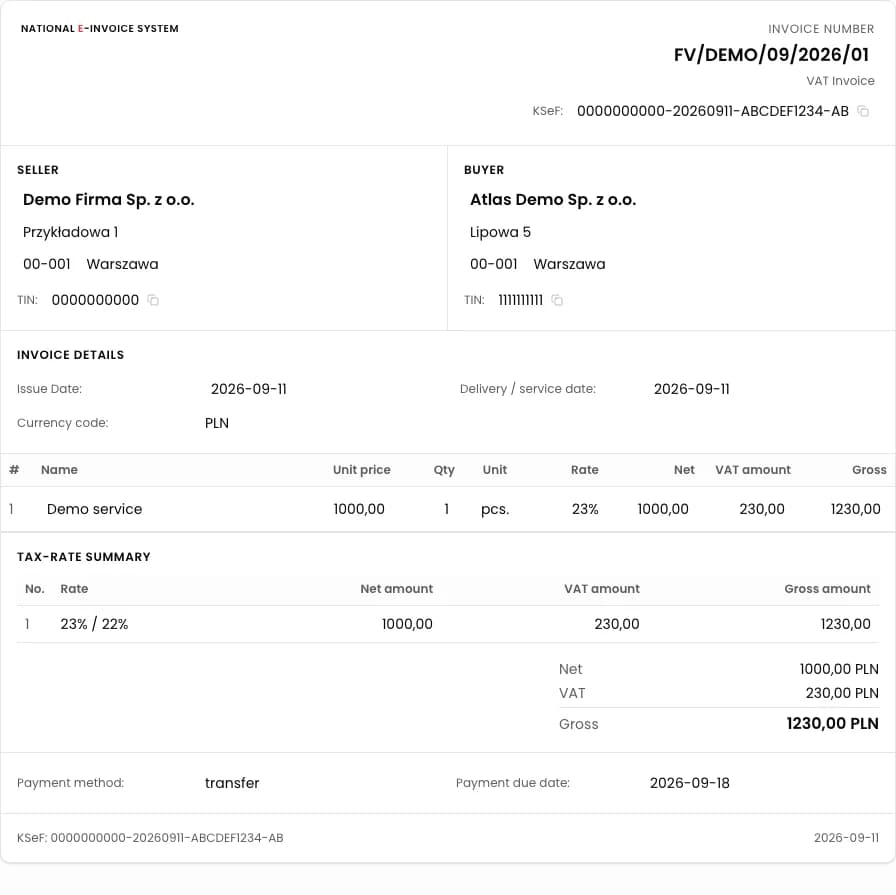 Atlas Demo invoice details with an assigned KSeF number
