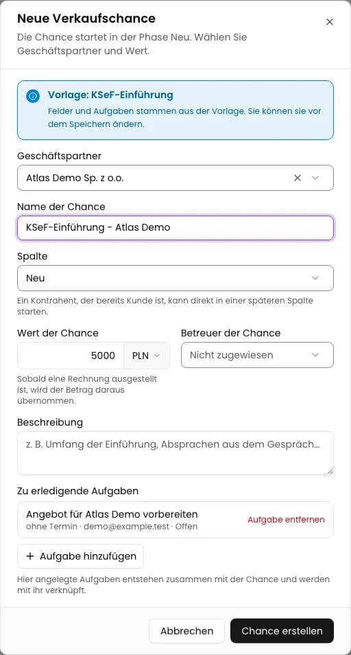 Partner auswählen und Formular prüfen: KSeF-Einführung - Atlas Demo