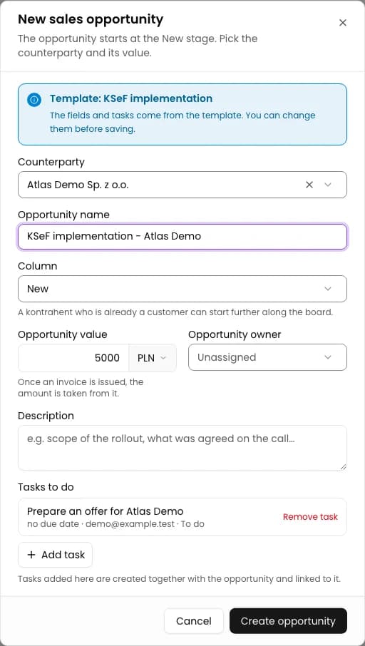 Choose a counterparty and check the form: KSeF implementation - Atlas Demo