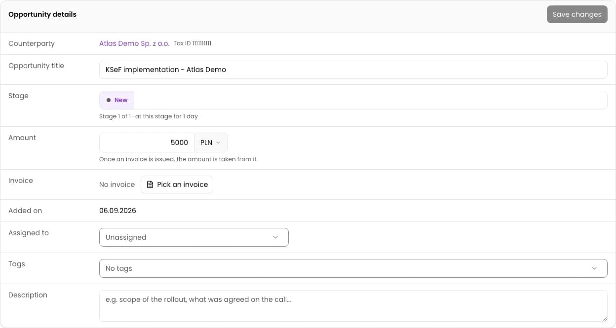 Create the opportunity and verify its task: KSeF implementation - Atlas Demo
