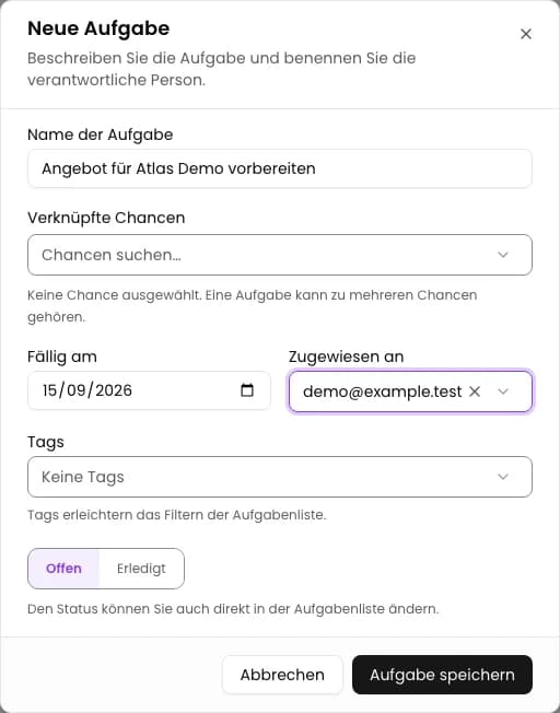 Name und Termin eintragen: Aufgabe mit Termin im CRM hinzufügen