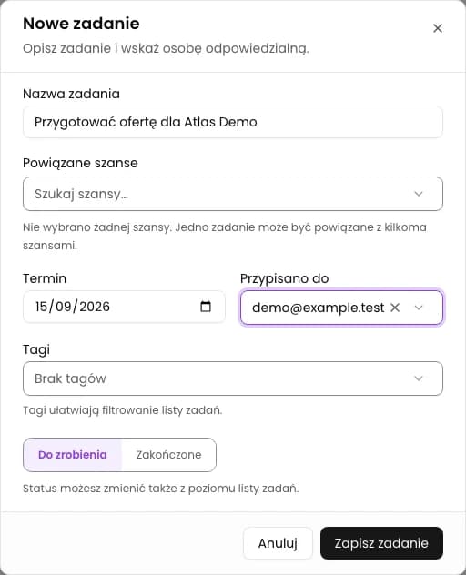 Wpisz nazwę i ustal termin: Dodaj zadanie z terminem w CRM