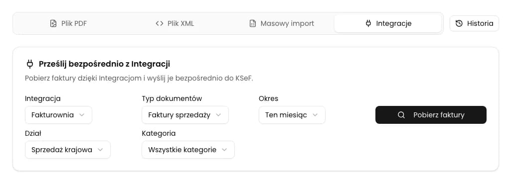 Import z integracji w KSeFGPT z wybraną Fakturownią, typem Faktury sprzedaży i okresem Ten miesiąc