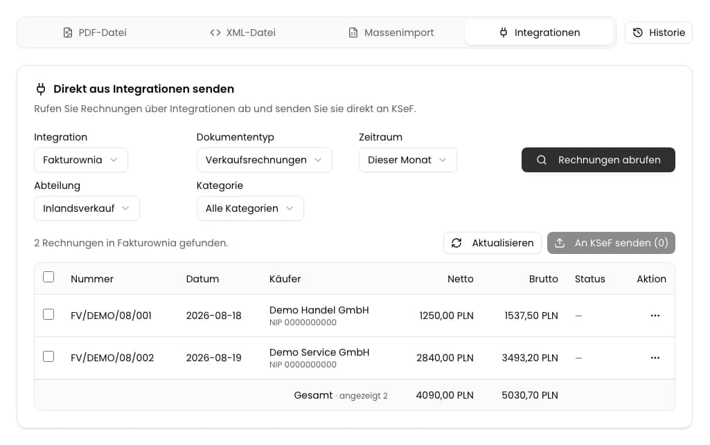 Liste mit zwei aus Fakturownia.pl abgerufenen Verkaufsrechnungen, Käufern und Beträgen