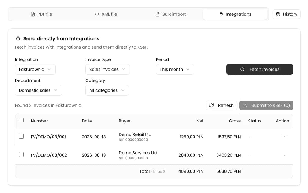 List of two sales invoices fetched from Fakturownia.pl with their numbers, buyers, and amounts