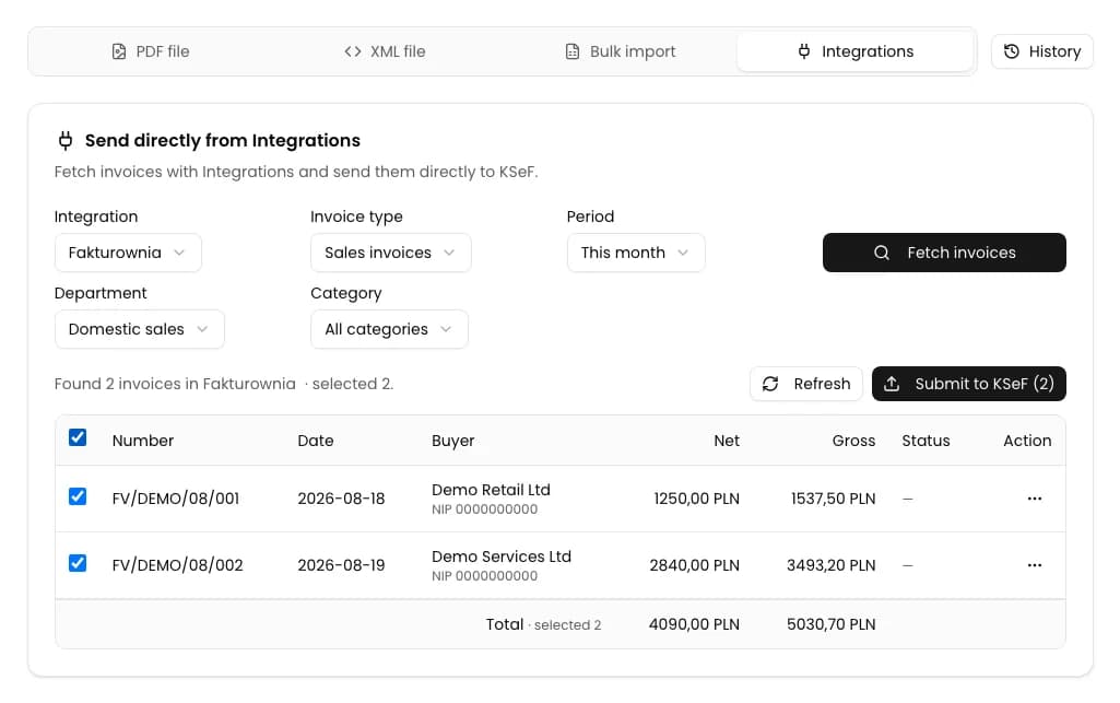 Two Fakturownia.pl invoices selected for submission with an active Submit to KSeF (2) button